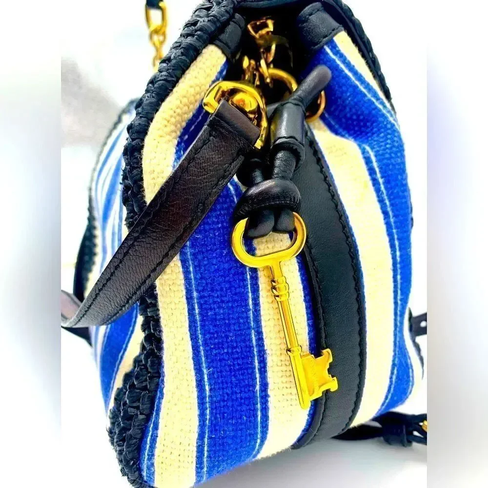 Auth Dolce & Gabbana Blue White Striped Canvas Raffia Handbag Lock Key Preloved